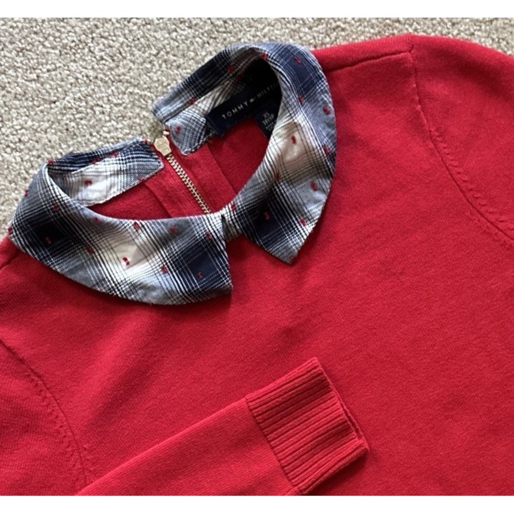 Tommy Hilfiger Red Sweater With Black Plaid Collar And Shirttail Sz XS